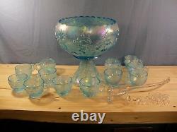 Rare Westmoreland Ice Blue Carnival 3 Fruits Punch Bowl Set with 12 Cups CLEARANCE