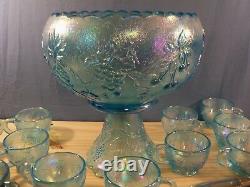 Rare Westmoreland Ice Blue Carnival 3 Fruits Punch Bowl Set with 12 Cups CLEARANCE