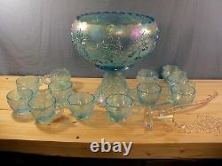 Rare Westmoreland Ice Blue Carnival 3 Fruits Punch Bowl Set with 12 Cups CLEARANCE