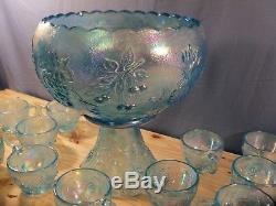 Rare Westmoreland Ice Blue Carnival 3 Three Fruits Punch Bowl Set with 12 Cups