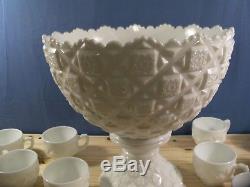 Rare Westmoreland Milk Glass OLD QUILT Punch Bowl Set with 12 Cups
