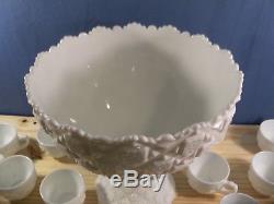 Rare Westmoreland Milk Glass OLD QUILT Punch Bowl Set with 12 Cups