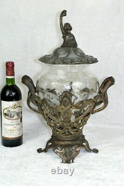 Rare art nouveau Spelter Glass Lady punch bowl 1900s
