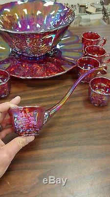 Red Carnival Grapes Pattern 11 Piece Punch Bowl Set Stunning Mosser Glass