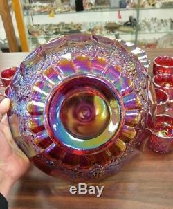Red Carnival Grapes Pattern 11 Piece Punch Bowl Set Stunning Mosser Glass