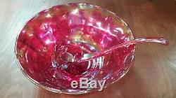 Red Carnival glass punch bowl set