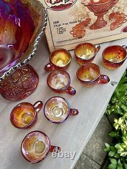 Red Indiana Carnival Glass Punch Bowl Set