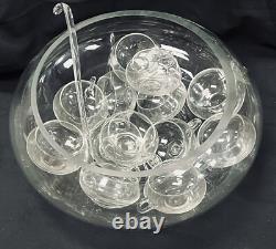 Reikes Mid Century Modern Hand Blown Crystal Glass Punch Bowl Set 12 Cups, 1970