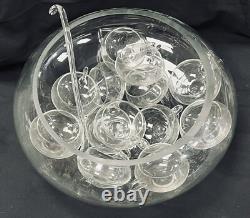 Reikes Mid Century Modern Hand Blown Crystal Glass Punch Bowl Set 12 Cups, 1970
