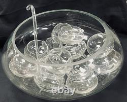 Reikes Mid Century Modern Hand Blown Crystal Glass Punch Bowl Set 12 Cups, 1970