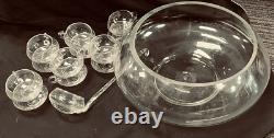 Reikes Mid Century Modern Hand Blown Crystal Glass Punch Bowl Set 12 Cups, 1970