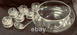 Reikes Mid Century Modern Hand Blown Crystal Glass Punch Bowl Set 12 Cups, 1970 Reikes Mid Century Modern Hand Blown Crystal Glass Punch Bowl Set 12 Cups, 1970