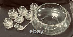 Reikes Mid Century Modern Hand Blown Crystal Glass Punch Bowl Set 12 Cups, 1970