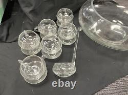Reikes Mid Century Modern Hand Blown Crystal Glass Punch Bowl Set 12 Cups, 1970