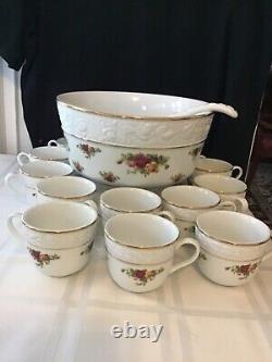 Royal Albert Vintage Bone China 1962 Punch Bowl, 12 Punch Cups, and Ladle