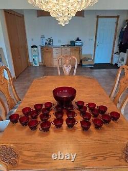 Royal Ruby Red Anchor Hocking Vintage Punch Bowl With Stand & Cups Set Of 28