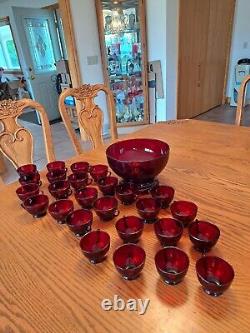 Royal Ruby Red Anchor Hocking Vintage Punch Bowl With Stand & Cups Set Of 28