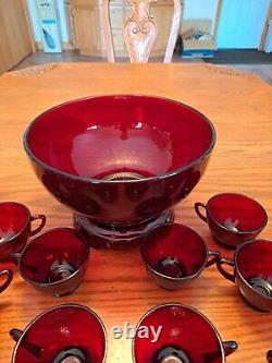 Royal Ruby Red Anchor Hocking Vintage Punch Bowl With Stand & Cups Set Of 28