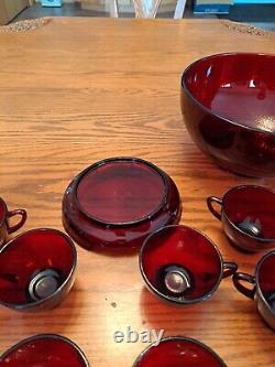 Royal Ruby Red Anchor Hocking Vintage Punch Bowl With Stand & Cups Set Of 28