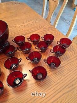 Royal Ruby Red Anchor Hocking Vintage Punch Bowl With Stand & Cups Set Of 28