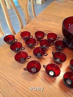 Royal Ruby Red Anchor Hocking Vintage Punch Bowl With Stand & Cups Set Of 28