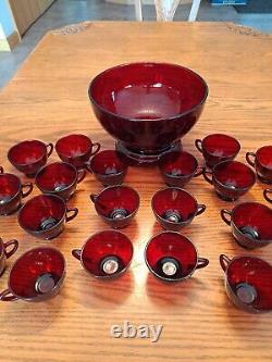 Royal Ruby Red Anchor Hocking Vintage Punch Bowl With Stand & Cups Set Of 28