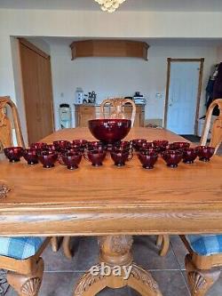 Royal Ruby Red Anchor Hocking Vintage Punch Bowl With Stand & Cups Set Of 28