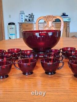 Royal Ruby Red Anchor Hocking Vintage Punch Bowl With Stand & Cups Set Of 28