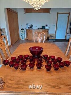 Royal Ruby Red Anchor Hocking Vintage Punch Bowl With Stand & Cups Set Of 28