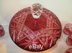 Ruby Red Cut To Clear Punch Bowl With LID & 25 Matching Cups Rare Collection