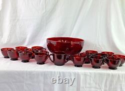 Ruby Red Vintage Glass Punch Bowl Set with 16 Cups + Double Handle Cup MCM