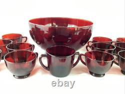 Ruby Red Vintage Glass Punch Bowl Set with 16 Cups + Double Handle Cup MCM