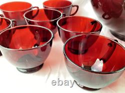 Ruby Red Vintage Glass Punch Bowl Set with 16 Cups + Double Handle Cup MCM