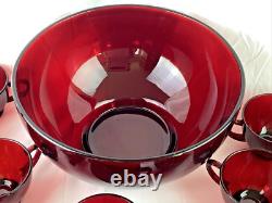 Ruby Red Vintage Glass Punch Bowl Set with 16 Cups + Double Handle Cup MCM