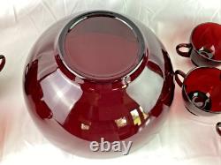 Ruby Red Vintage Glass Punch Bowl Set with 16 Cups + Double Handle Cup MCM