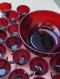 Ruby Red Vintage Glass Punch Bowl Set with 26 Cups MCM