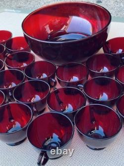 Ruby Red Vintage Glass Punch Bowl Set with 26 Cups MCM