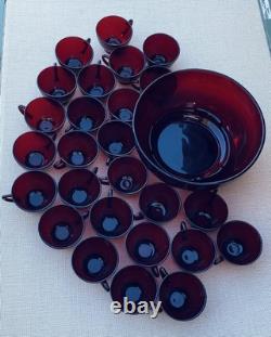Ruby Red Vintage Glass Punch Bowl Set with 26 Cups MCM
