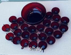 Ruby Red Vintage Glass Punch Bowl Set with 26 Cups MCM