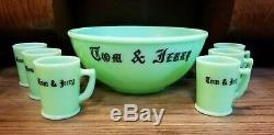 SCARCE McKee Tom & Jerry JADEITE Punch Bowl & 6 Punch Cups / Mugs