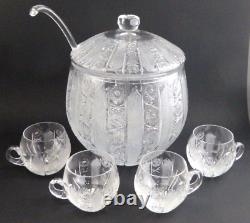 SET Vintage Bohemia Glass Czech Cut Crystal Queen Lace Punch Bowl Ladle Cups EUC