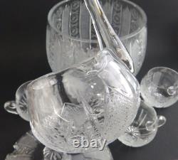 SET Vintage Bohemia Glass Czech Cut Crystal Queen Lace Punch Bowl Ladle Cups EUC