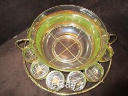 STARLYTE Punch Bowl 12 Roly Poly Glasses Green & gold Metal Caddy 1960s Signed
