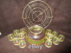 STARLYTE Punch Bowl 12 Roly Poly Glasses Green & gold Metal Caddy 1960s Signed