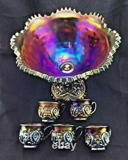 STUNNING IRIDESCENT Northwood MEMPHIS AMETHYST Carnival Glass 7 piece Punch Set