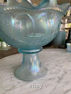 STUNNING ULTRA RARE Northwood PEACOCK AT THE FOUNTAIN ICE BLUE PUNCH SET