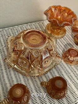STUNNING! Vintage Imperial Carnival Glass Marigold 9 Piece Punch Bowl Set