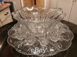 SUPER Gorgeous Antique 12 Cup Punch Bowl on Platter. Cups. Ladle. All Original