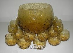 Seneca Glass DRIFTWOOD Yellow 16 pc Roly Poly Crinkle Punch Set Bowl 10 QT