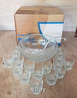 Set 20 Vintage Glass Crystal HEAVY 10 lb PUNCH BOWL-Cups-Ladle/LE Smith